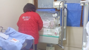 Una persona con chaqueta roja de Inabif permanece junto a una recién nacida colocada dentro de una incubadora en una sala médica