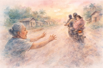 Ilustración de acuarela muestra una mujer mayor con canas y blusa clara, brazos extendidos, frente a una motocicleta con dos adultos y una niña envuelta.