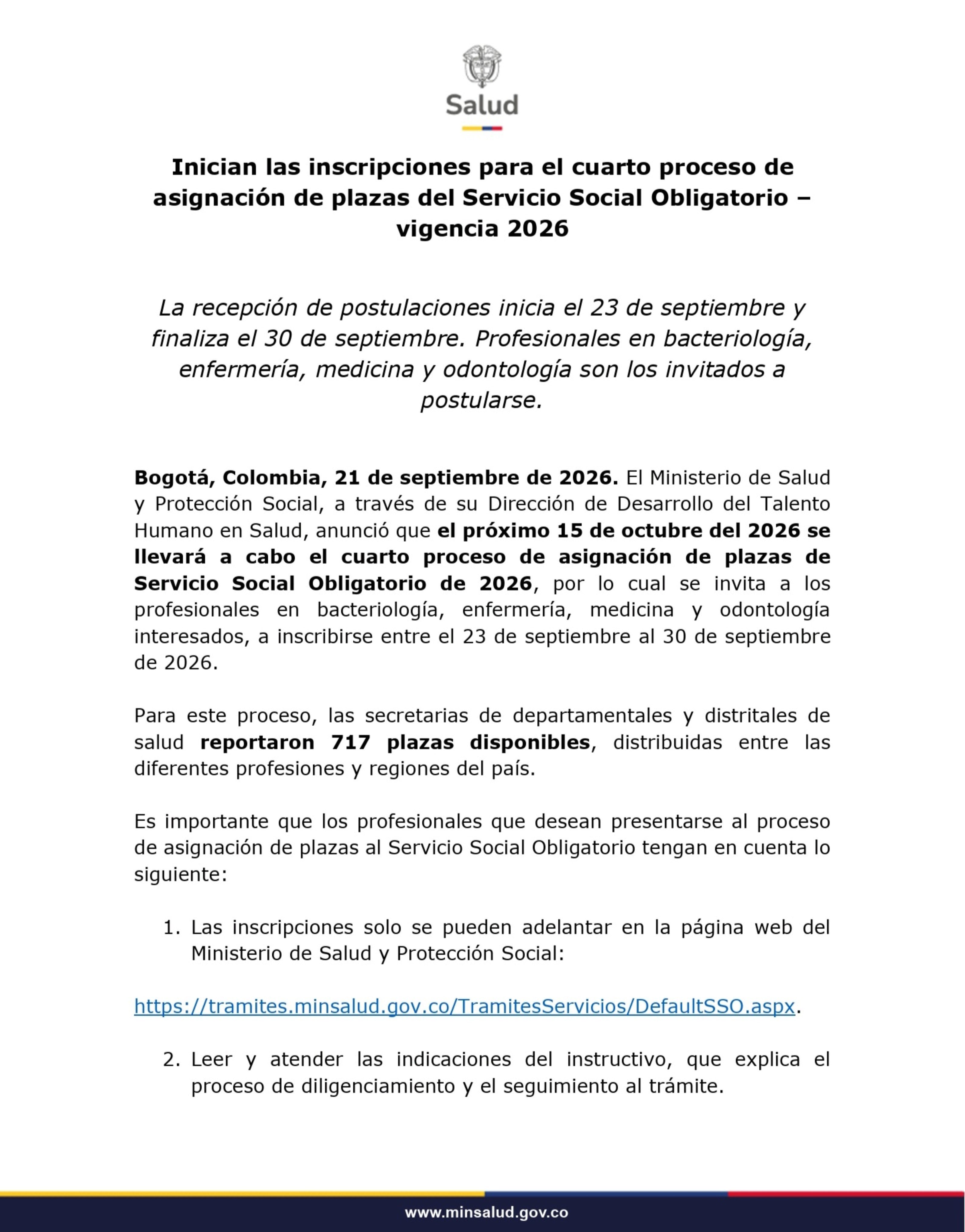 La postulación al Servicio Social Obligatorio es gratuita y debe realizarse únicamente en la plataforma del Ministerio de Salud - crédito Ministerio de Salud