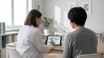Una médica y un paciente están sentados frente a una mesa en un consultorio, observando una tablet que muestra gráficos de barras y líneas con el término 'OBSCORE'.