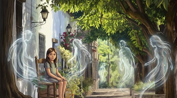 Ilustración de una niña sentada en una silla de madera en una calle con árboles, junto a varias figuras translúcidas flotantes.