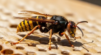 Vista macro de una avispa de patas amarillas (Vespa velutina) posada sobre una superficie de nido con forma hexagonal, mostrando su cuerpo oscuro y patas amarillas.