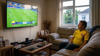 Un hombre de mediana edad con una camiseta amarilla de Colombia mira un partido de fútbol en un televisor inteligente dentro de una sala de estar con ventana.