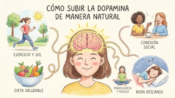 Ilustración de una persona feliz con un cerebro brillante, rodeada de dibujos: ejercicio, dieta, socialización, meditación y descanso. Muestra formas naturales de subir la dopamina.