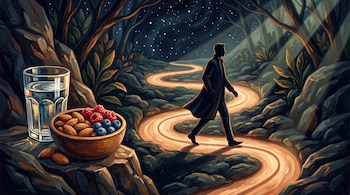 Un hombre camina por un sendero sinuoso de noche bajo un cielo estrellado, junto a un vaso de agua y un cuenco con almendras y frutos rojos.