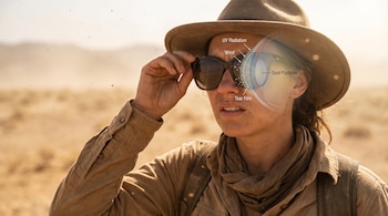 Mujer con sombrero y lentes de sol en ambiente desértico, rodeada de polvo. Se observa una ilustración médica de un ojo y sus componentes internos.