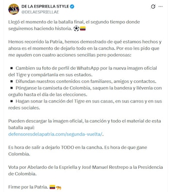 Abelardo de la Espriella pidió a sus simpatizantes reforzar la promoción de su candidatura mediante diferentes acciones - crédito @DELAESPRIELLAE/X