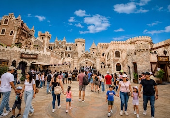 Una multitud de personas transita por el patio de un castillo con múltiples torres y arcos bajo un cielo azul con nubes blancas