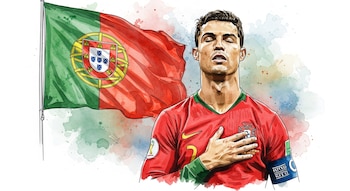 Ilustración de Cristiano Ronaldo con camiseta roja y mano en el pecho. Al fondo, la bandera de Portugal en colores verde y rojo. Estilo acuarela.