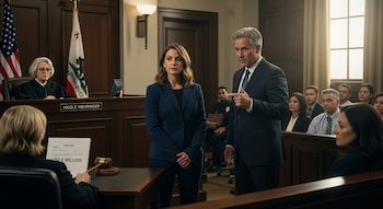 Un tribunal con Nicole Mehringer en traje azul oscuro y un abogado; una jueza preside y un documento con 'USD 6 MILLION' es visible en primer plano.