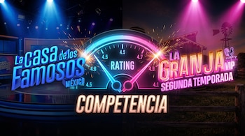 Logotipos de La Casa de los Famosos México y La Granja VIP junto a un medidor de audiencia con la palabra competencia.