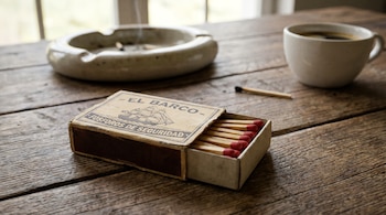 Caja de fósforos 'El Barco' abierta con cerillas rojas en una mesa de madera. Cenicero con cigarrillo humeante, cerilla quemada y taza de café.