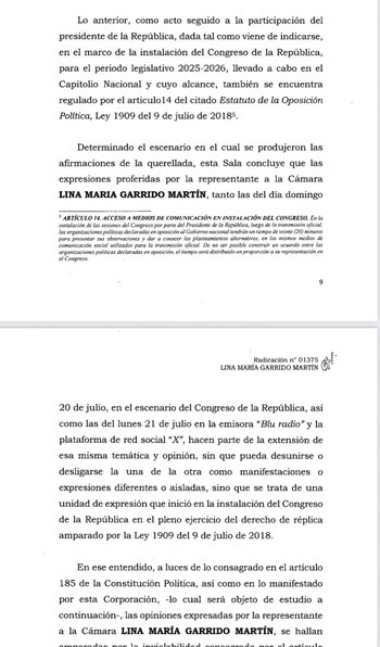 La inadmisión de la denuncia contra Lina María Garrido subraya la vigencia de garantías históricas para los congresistas y plantea interrogantes sobre su alcance en contextos de confrontación política - crédito Sala de Instrucción de la Corte Suprema de Justicia