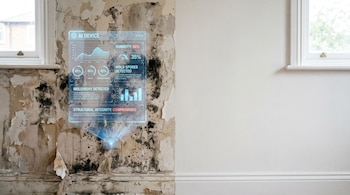 Primer plano de una pared doméstica dividida; la mitad izquierda muestra daños por humedad y moho con un holograma de IA, la derecha está restaurada y limpia.