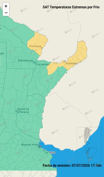 Mapa da Argentina com áreas coloridas em amarelo (Formosa, Corrientes, Posadas) e verde. Título 'SAT mais quente que frio'. Data de lançamento: 07/07/2026