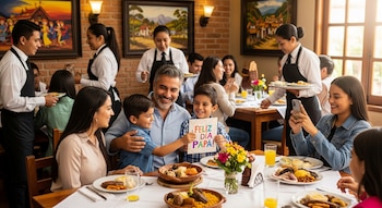 Una familia celebra el Día del Padre en un restaurante. Un padre sonríe mientras un niño le muestra una tarjeta de "Feliz Día Papá!". Meseros atienden las mesas.