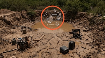 Terreno de tierra agrietada con un charco de agua, contenedores, maquinaria y un círculo gráfico naranja con detalles de microorganismos.