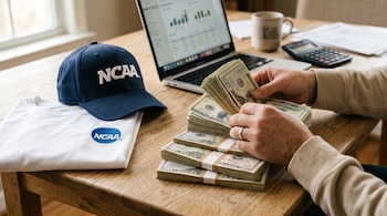 Manos contando billetes de dólar sobre una mesa junto a una gorra azul de la NCAA, una camiseta, una computadora portátil y una calculadora.