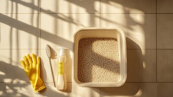 Caja de arena limpia, higiene de gatos, arenero para gatos, limpieza regular, mascota en arenero, cuidado de gatos, salud felina.