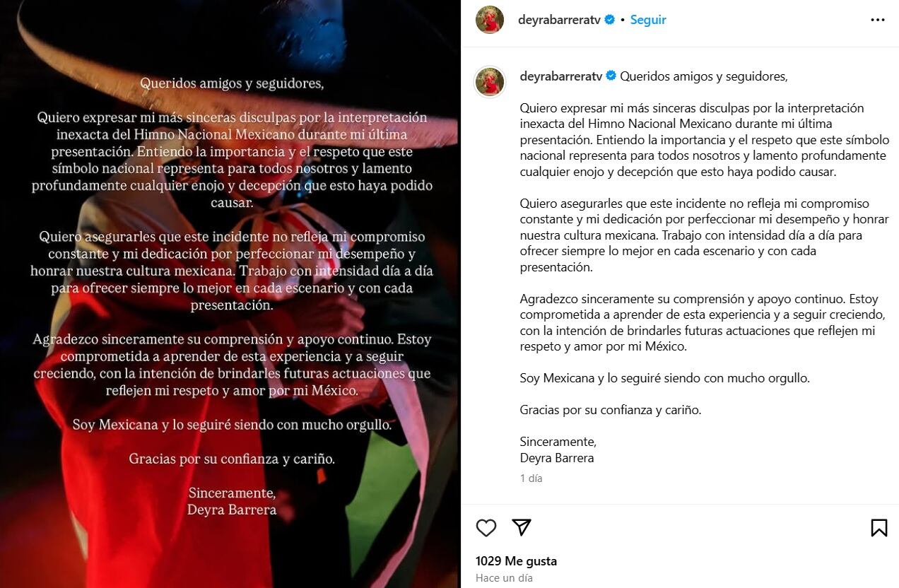 Así se disculpó Deyra Barrera por equivocarse en el Himno Nacional Mexicano (IG/ @deyrabarreratv)