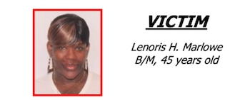 Ficha de identificación con foto de una mujer, enmarcada en rojo, y texto 'VICTIM', 'Lenoris H. Marlowe', 'B/M, 45 years old'