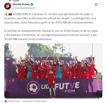 Post de Mundo Pelota sobre la situación de Caracas FC a horas de su debut en la Copa Libertadores Femenina - crédito X