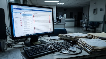 Un monitor de computadora con alertas de correo, un teclado con un estetoscopio encima y pilas de carpetas médicas en un escritorio de hospital.