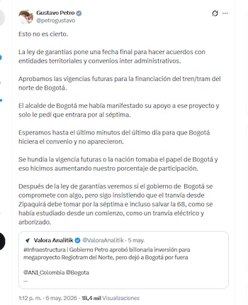 El presidente Gustavo Petro aseguró que Bogotá no hizo un convenio con el Gobierno para financiar el RegioTram del Norte - crédito @petrogustavo/X