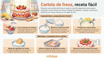 Infografía explicativa con seis pasos ilustrados para preparar una carlota de fresa con galletas, crema y leche.