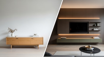 Imagen dividida horizontalmente de un salón. A la izquierda, un mueble bajo de madera clara bajo una pared blanca. A la derecha, un mural oscuro con TV empotrada y luces LED.