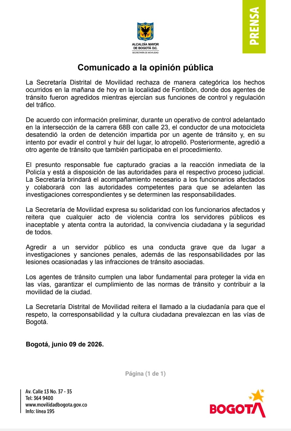 El motociclista desobedeció la señal de pare, atropelló a un agente de tránsito y luego atacó a un segundo funcionario - crédito Secretaría de Movilidad