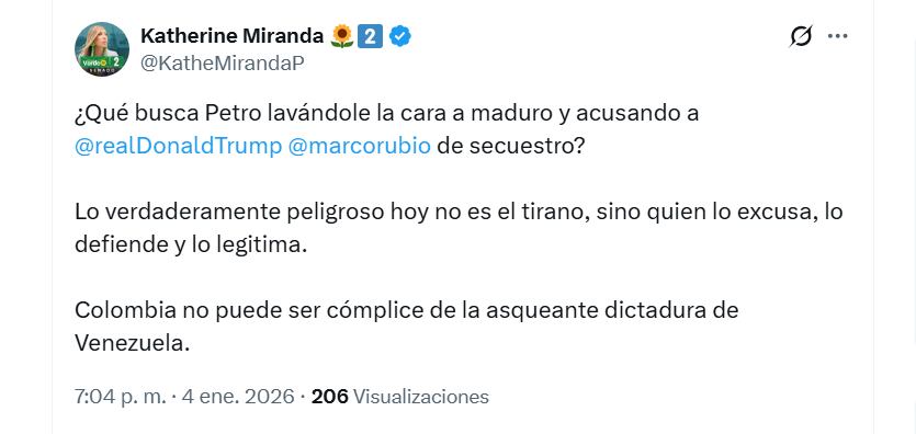 Katherine Miranda, congresista del Partido Verde, también criticó a Petro, sugiriendo que el presidente busca “lavarle la cara” a Nicolás Maduro - crédito @KatheMirandaP/X