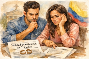 Ilustración en acuarela de una pareja en una mesa con documentos sobre nulidad matrimonial en Colombia, anillos, una bandera colombiana y un edificio eclesiástico.