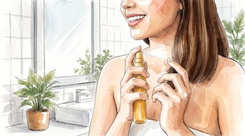 Ilustración de una mujer aplicando un espray dorado en su cuello. Se observa un lavabo, un grifo, un espejo y dos plantas en macetas.