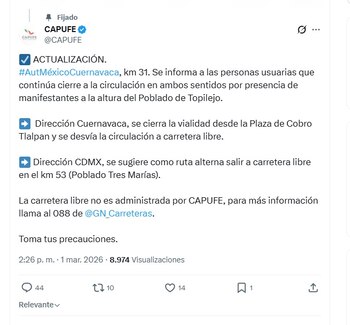 Captura de pantalla de un tuit de CAPUFE anunciando el cierre de la autopista México-Cuernavaca en el km 31 debido a manifestantes del poblado de Topilejo
