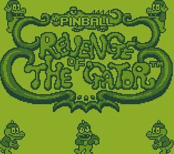 Gráficos pixelados en tonos verdes con el texto Pinball Revenge of the Gator y figuras de caimanes de estilo caricaturesco