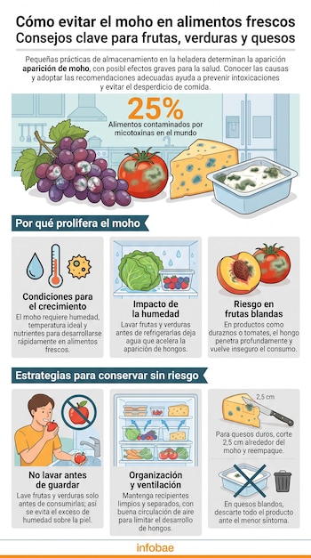 Infografía de cocina con uvas, tomate, queso, recipiente con comida mohosa. Incluye iconos de humedad, termómetro, sol, nevera, hombre lavando una manzana y cuchillo cortando queso.