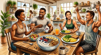 Cuatro adultos sonrientes en una mesa de cocina disfrutan de un desayuno saludable con yogur, frutas, huevos, aguacate y tostadas