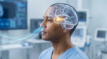 Hombre de perfil inhalando con líneas azules que representan el aire. Dentro de su cabeza transparente, el bulbo olfatorio brilla y rutas neuronales se extienden en el cerebro.
