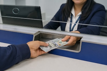 Una persona entrega billetes de cien dólares a través de una ranura en una ventanilla con panel de vidrio a una empleada.