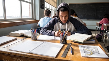 Un estudiante sentado en un pupitre de madera escribe en un cuaderno. Hay libros abiertos, cuadernos, lapiceros en recipientes, reglas y transportadores sobre la mesa.