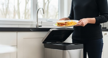 Una persona en una cocina moderna se prepara para tirar un sándwich y papas fritas de un plato blanco en un bote de basura plateado con tapa abierta.
