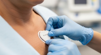 Primer plano de manos con guantes azules que colocan un dispositivo cardíaco blanco con la palabra HEARTS sobre el pecho de una persona.