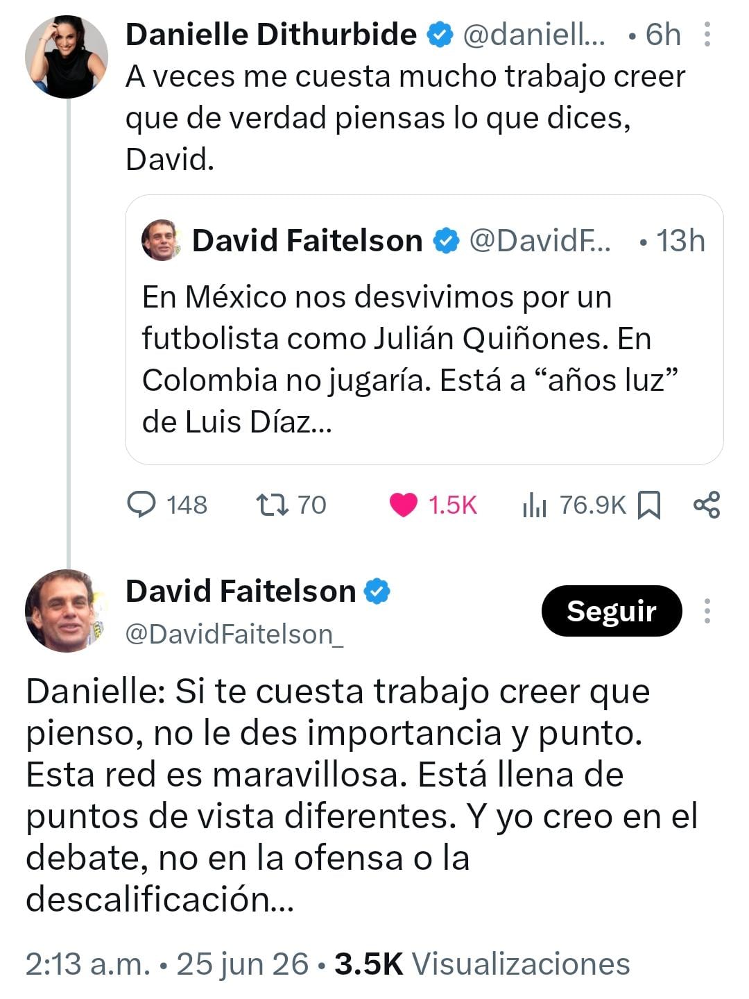La conductora Danielle Dithurbide cuestiona la postura de David Faitelson acerca del futbolista Julián Quiñones en una conversación de redes sociales. (X)