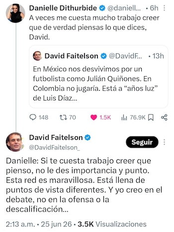 Captura de pantalla de tres tuits en una conversación. Incluye perfiles de Danielle Dithurbide y David Faitelson con sus mensajes y números de interacción