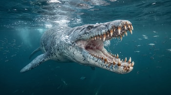 Un Liopleurodon ferox de piel gris azulada moteada y vientre claro, con boca abierta exhibiendo dientes cónicos, en agua azul verdosa con burbujas y peces.