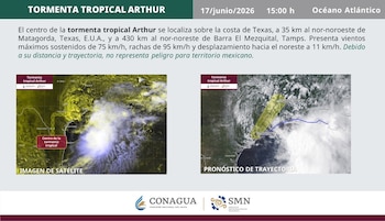 Infografía de CONAGUA/SMN mostrando una imagen satelital de la Tormenta Tropical Arthur cerca de Texas y un mapa con su pronóstico de trayectoria