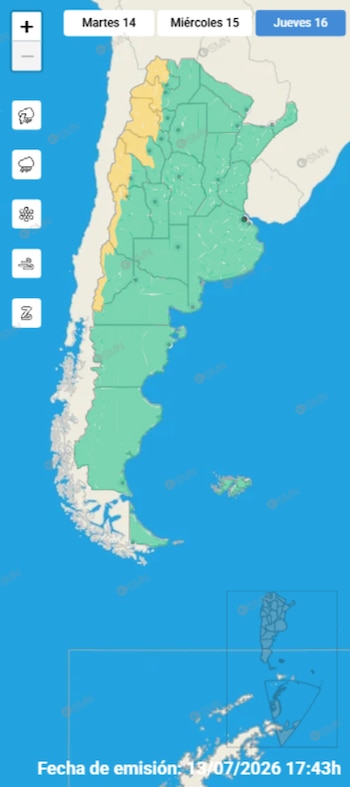 El gráfico engloba las alertas por vientos y nevadas (Foto: SMN)
