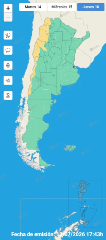 El gráfico engloba las alertas por vientos y nevadas (Foto: SMN)