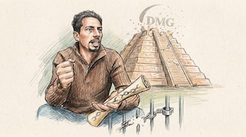 Ilustración de David Murcia Guzmán con un pergamino de cadena rota. Detrás, la pirámide DMG se desintegra. Cadenas y grilletes rotos en el primer plano.